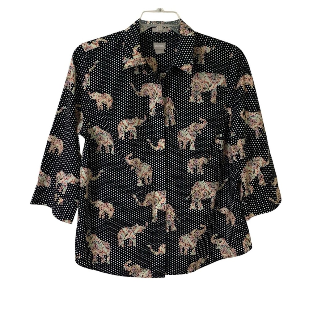 Chico's Blouse Black Polka Dot Elephant Print No Iron Top 3/4 Sleeves Sz 2.5 14